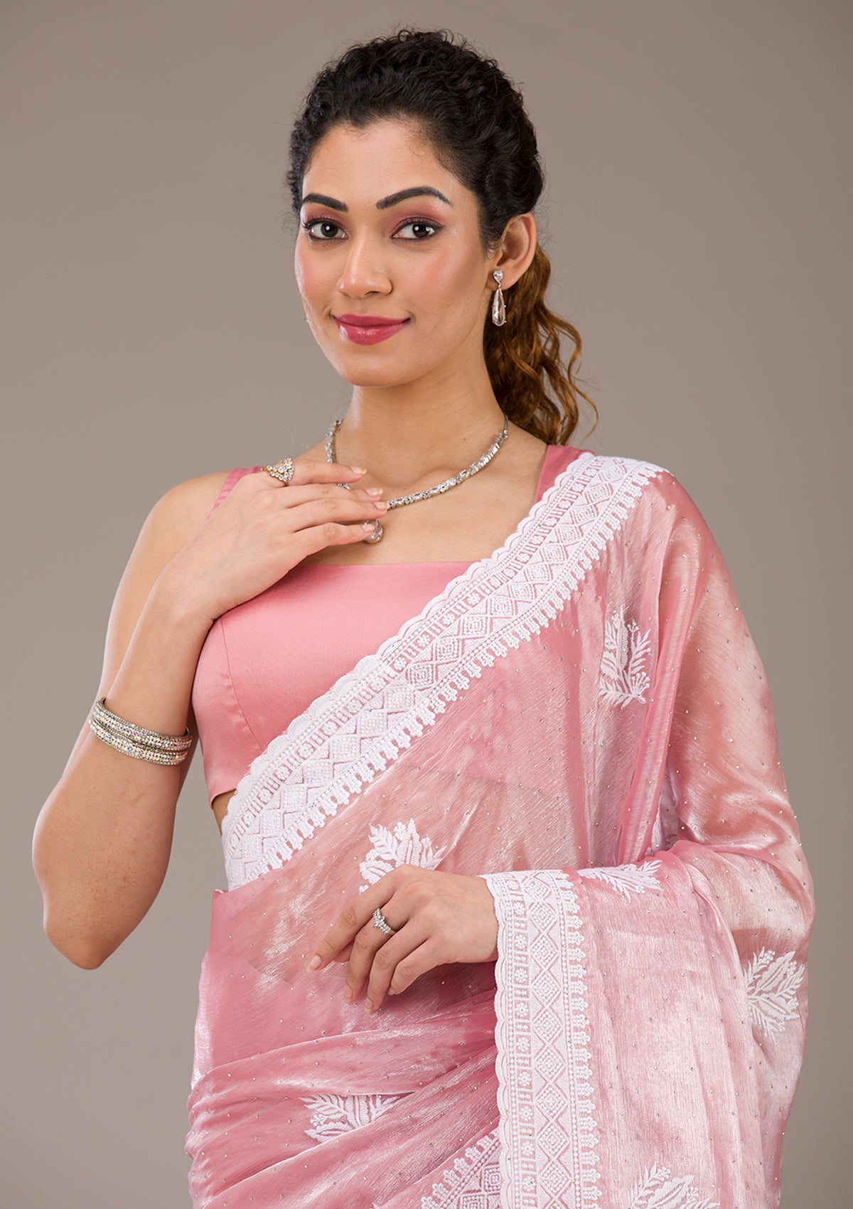 Onion Pink Threadwork Tissue Saree