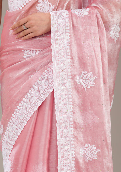 Onion Pink Threadwork Tissue Saree