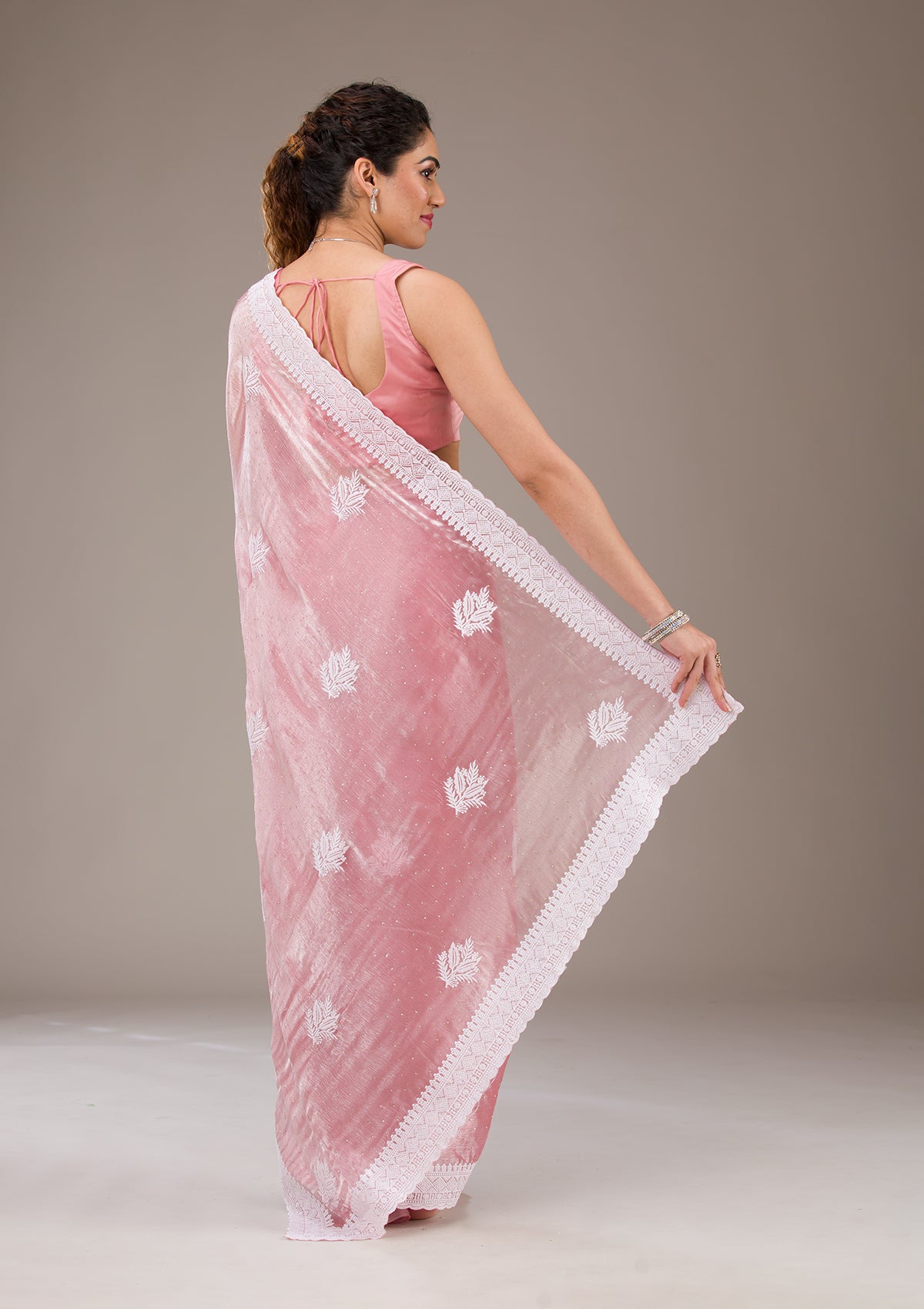 Onion Pink Threadwork Tissue Saree