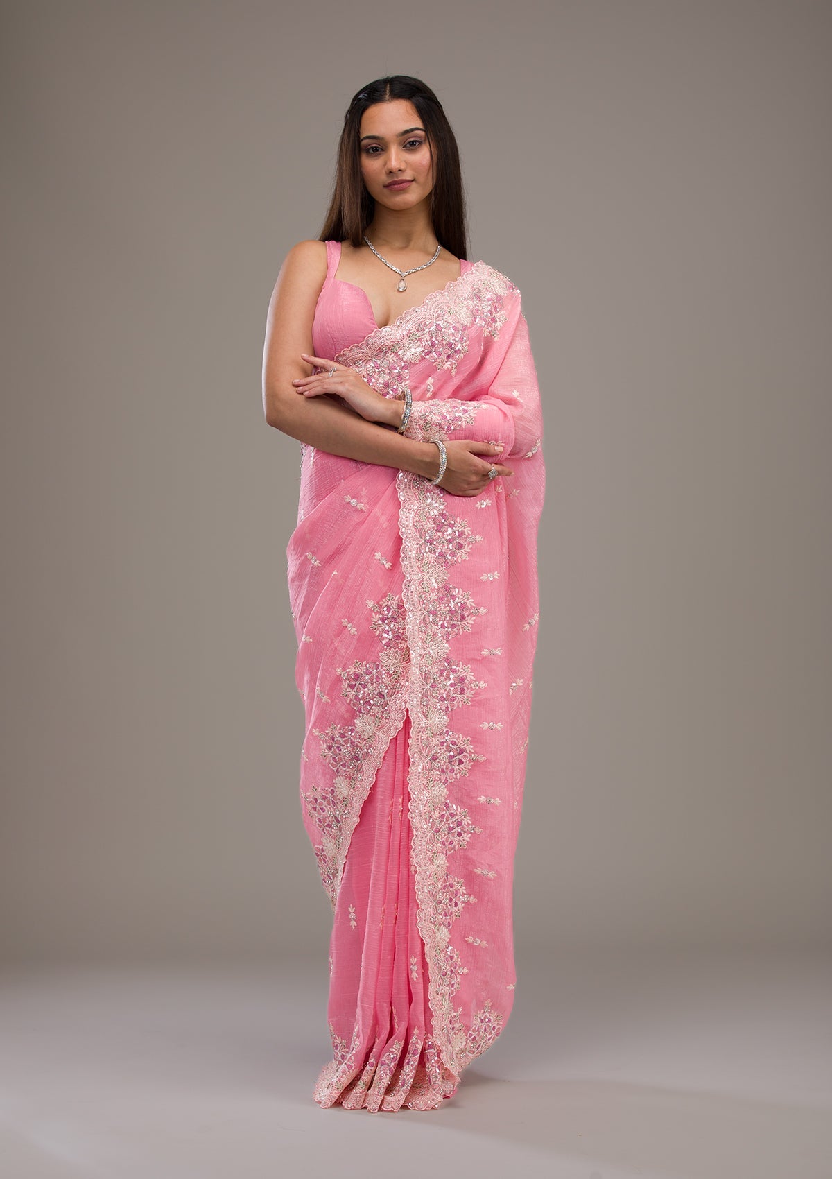 Onion Pink Threadwork Tissue Saree-Koskii