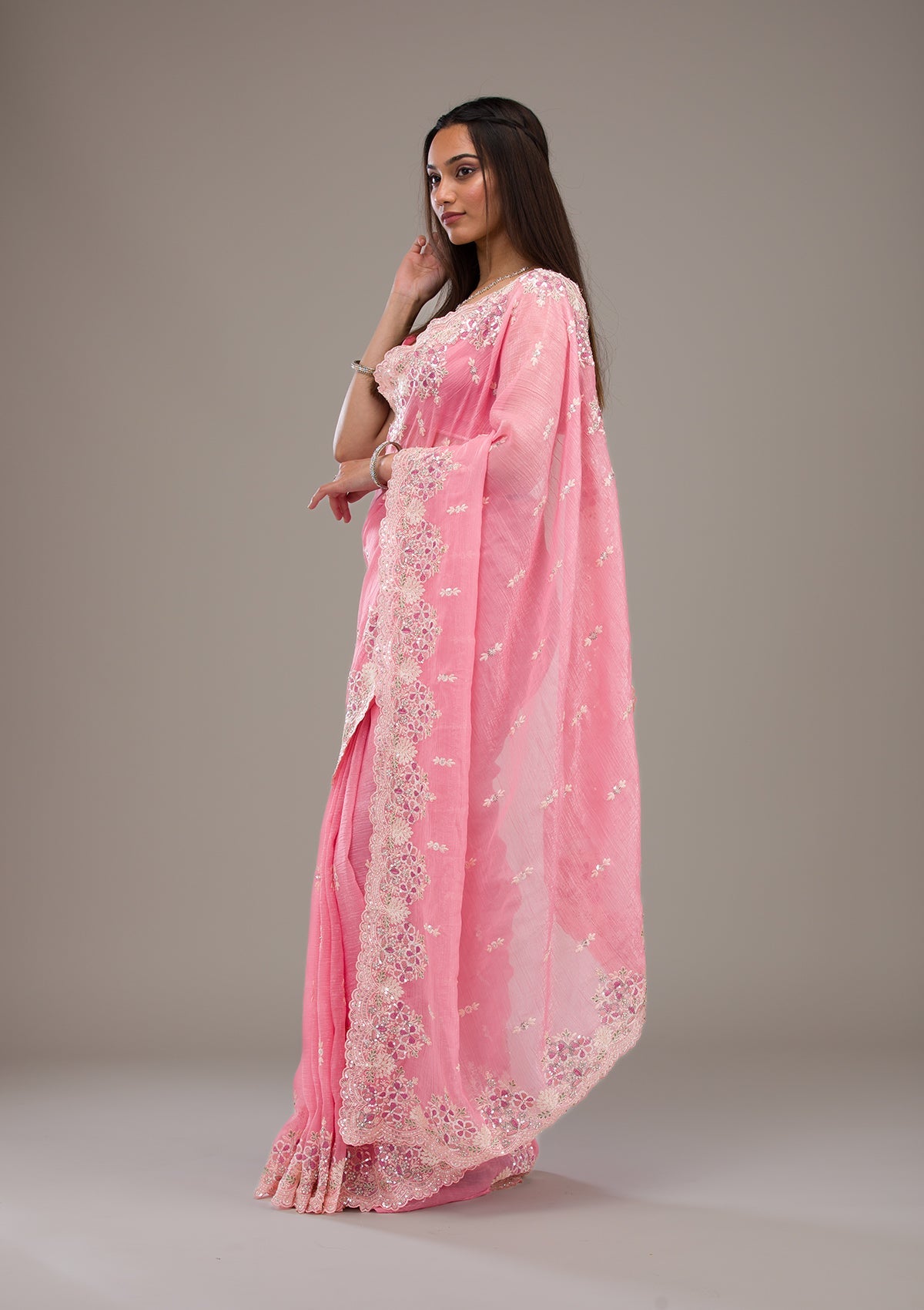 Onion Pink Threadwork Tissue Saree-Koskii