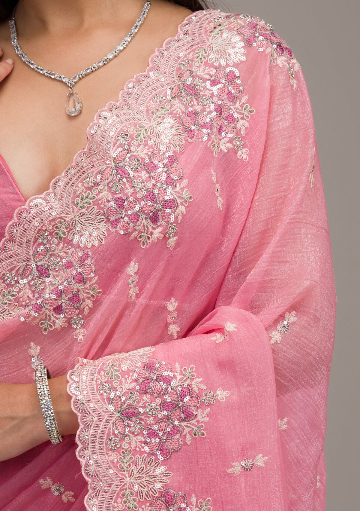 Onion Pink Threadwork Tissue Saree-Koskii