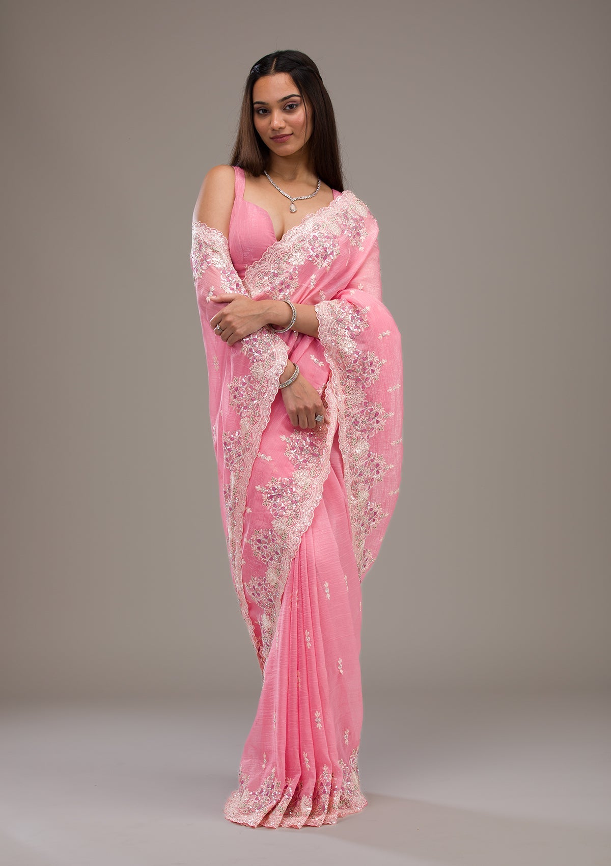 Onion Pink Threadwork Tissue Saree-Koskii