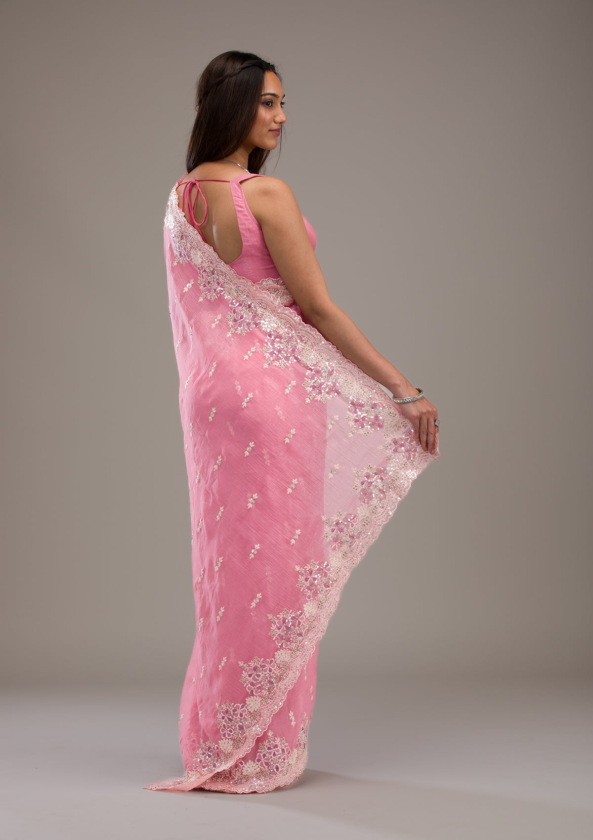 Onion Pink Threadwork Tissue Saree-Koskii