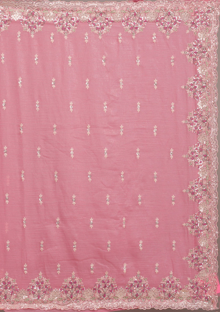 Onion Pink Threadwork Tissue Saree-Koskii