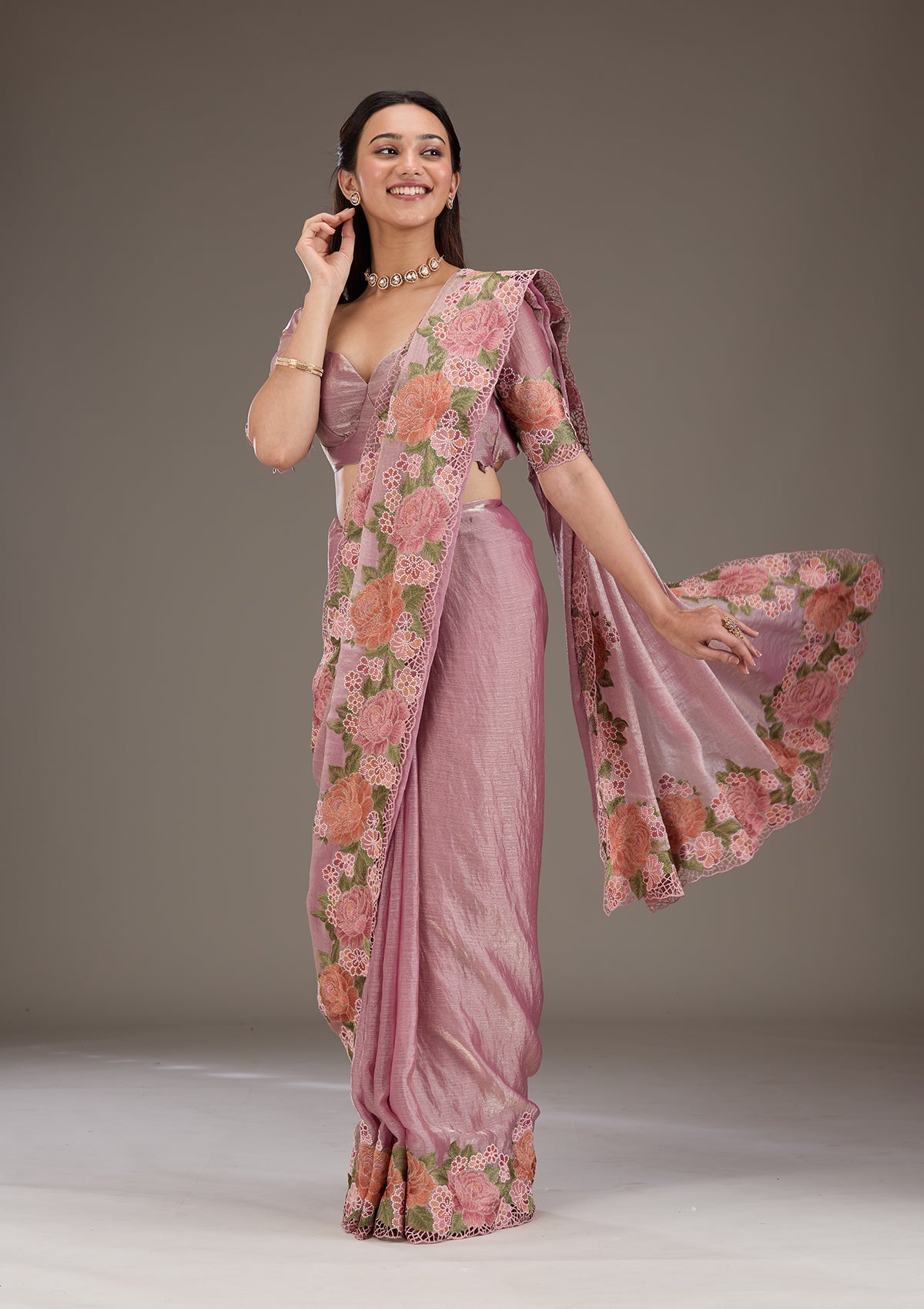 Onion Pink Threadwork Tissue Saree-Koskii