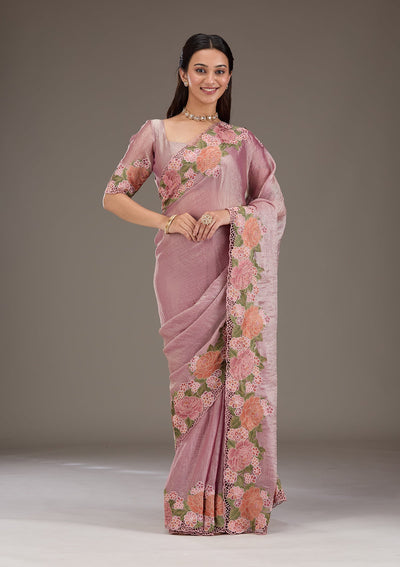 Onion Pink Threadwork Tissue Saree-Koskii