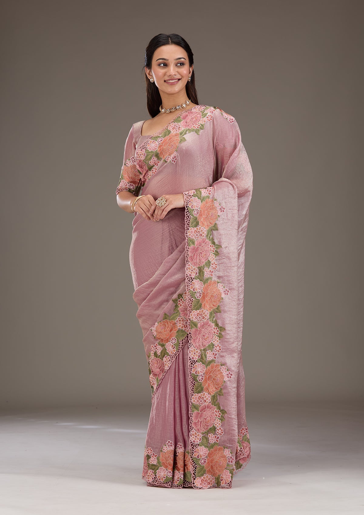 Onion Pink Threadwork Tissue Saree-Koskii