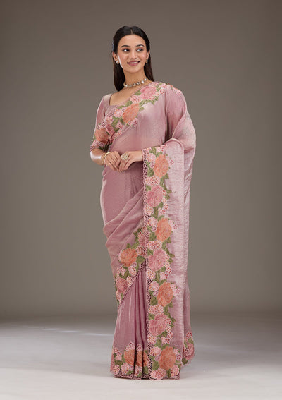 Onion Pink Threadwork Tissue Saree-Koskii