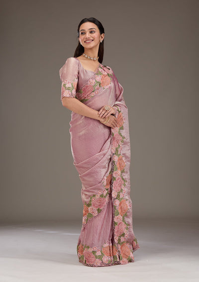 Onion Pink Threadwork Tissue Saree-Koskii