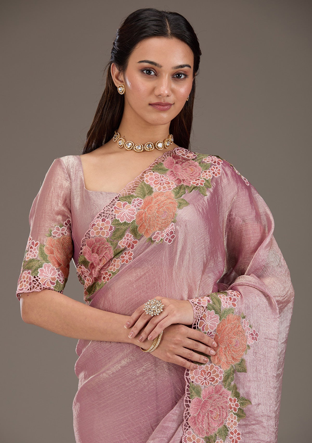 Onion Pink Threadwork Tissue Saree-Koskii