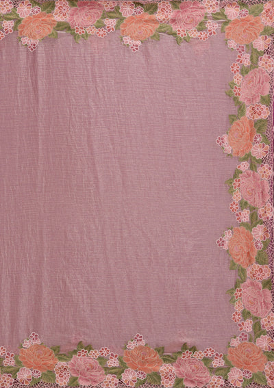 Onion Pink Threadwork Tissue Saree-Koskii