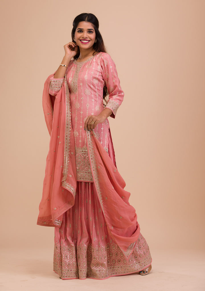 Onion Pink Zariwork Art Silk Readymade Salwar Kameez-Koskii