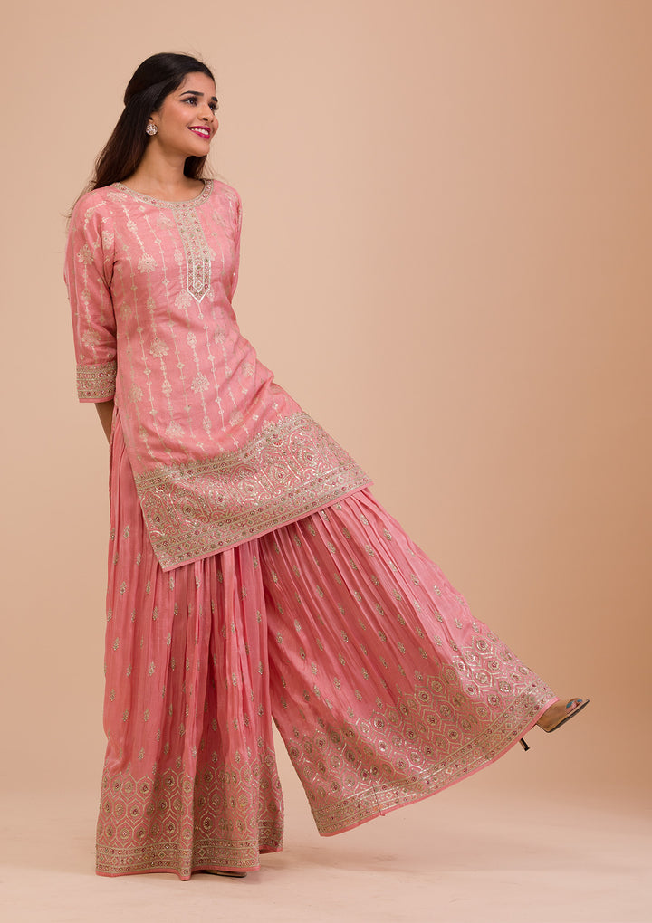 Onion Pink Zariwork Art Silk Readymade Salwar Kameez-Koskii