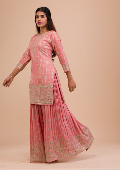 Onion Pink Zariwork Art Silk Readymade Salwar Kameez-Koskii