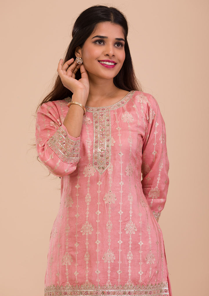 Onion Pink Zariwork Art Silk Readymade Salwar Kameez-Koskii