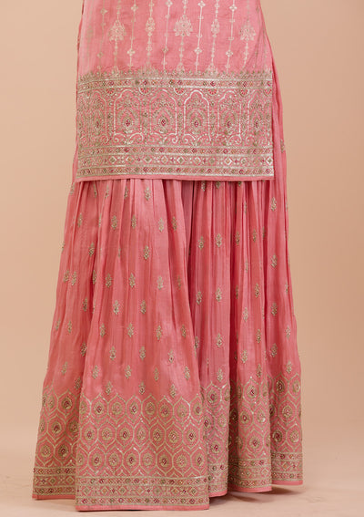 Onion Pink Zariwork Art Silk Readymade Salwar Kameez-Koskii