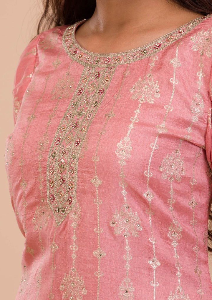 Onion Pink Zariwork Art Silk Readymade Salwar Kameez-Koskii