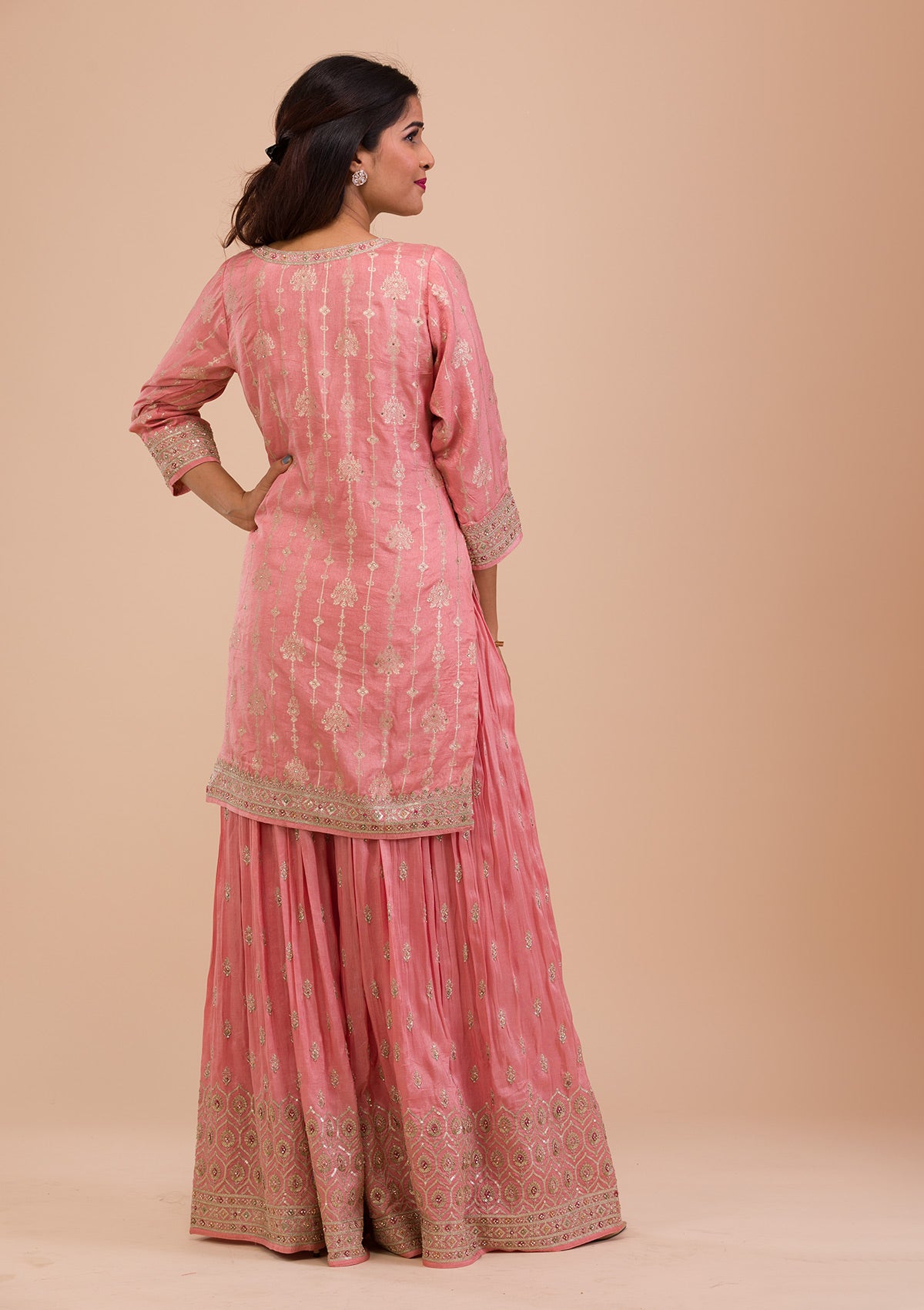 Onion Pink Zariwork Art Silk Readymade Salwar Kameez-Koskii