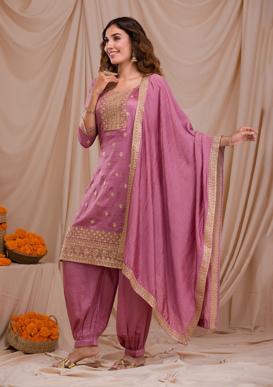 Onion Pink Zariwork Art Silk Readymade Salwar Suit-Koskii