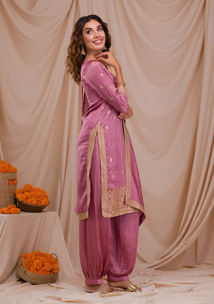 Onion Pink Zariwork Art Silk Readymade Salwar Suit-Koskii