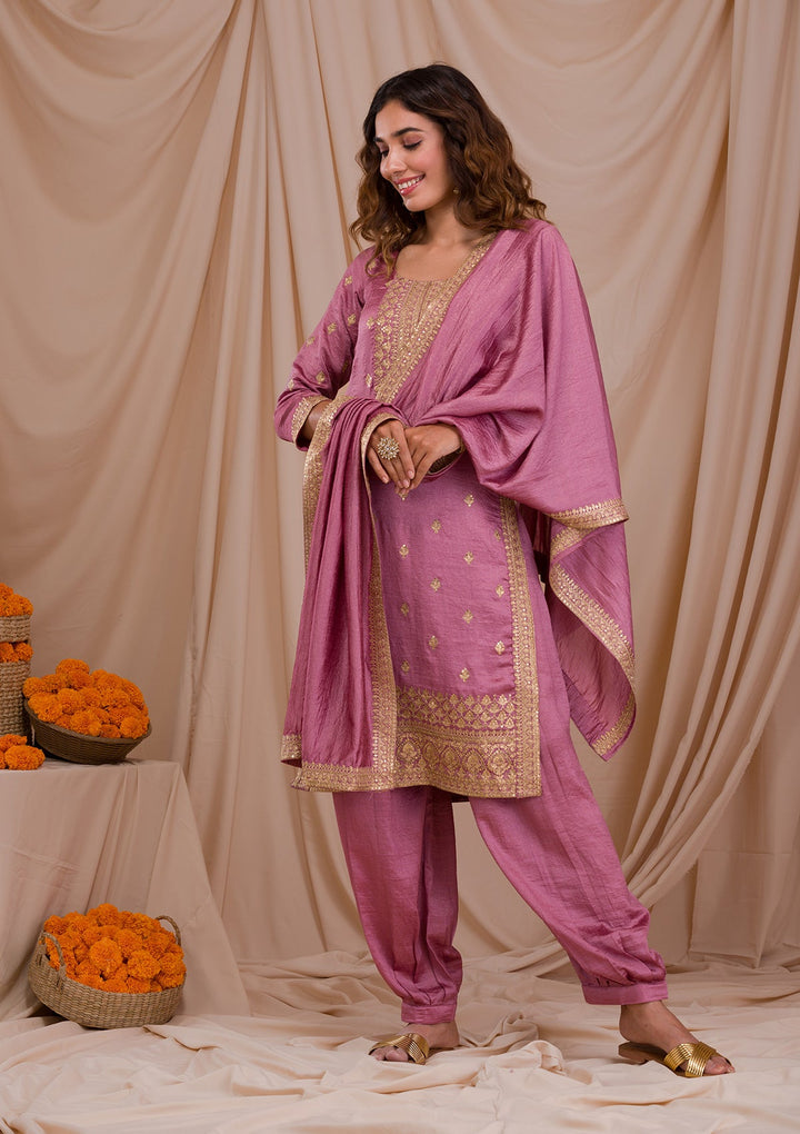 Onion Pink Zariwork Art Silk Readymade Salwar Suit-Koskii
