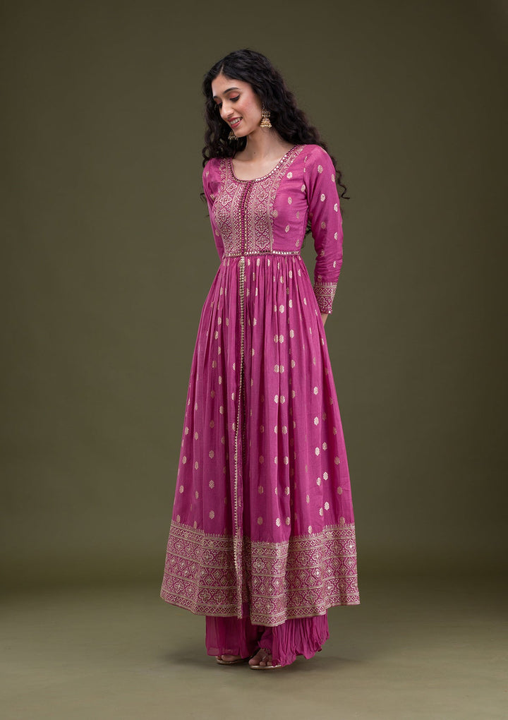 Onion Pink Zariwork Art Silk Readymade Salwar Suit-Koskii