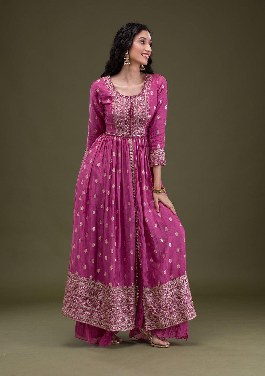 Onion Pink Zariwork Art Silk Readymade Salwar Suit-Koskii