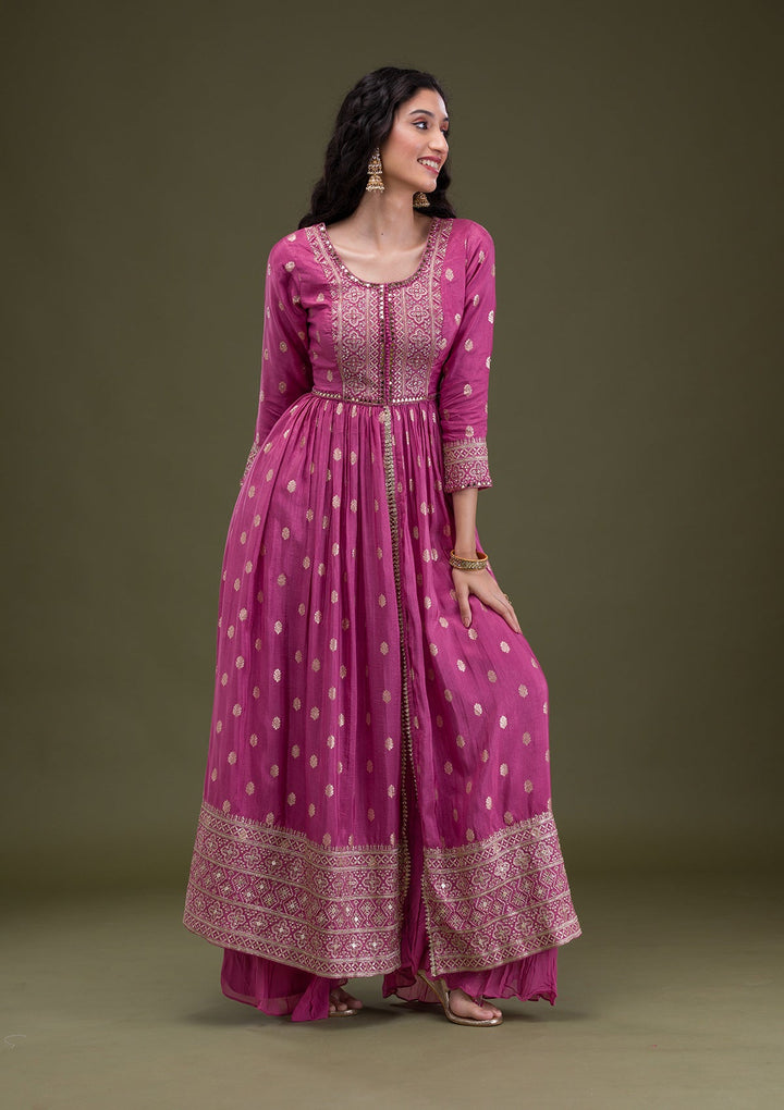 Onion Pink Zariwork Art Silk Readymade Salwar Suit-Koskii