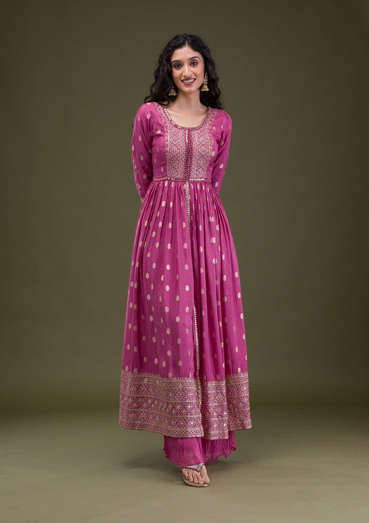 Onion Pink Zariwork Art Silk Readymade Salwar Suit-Koskii