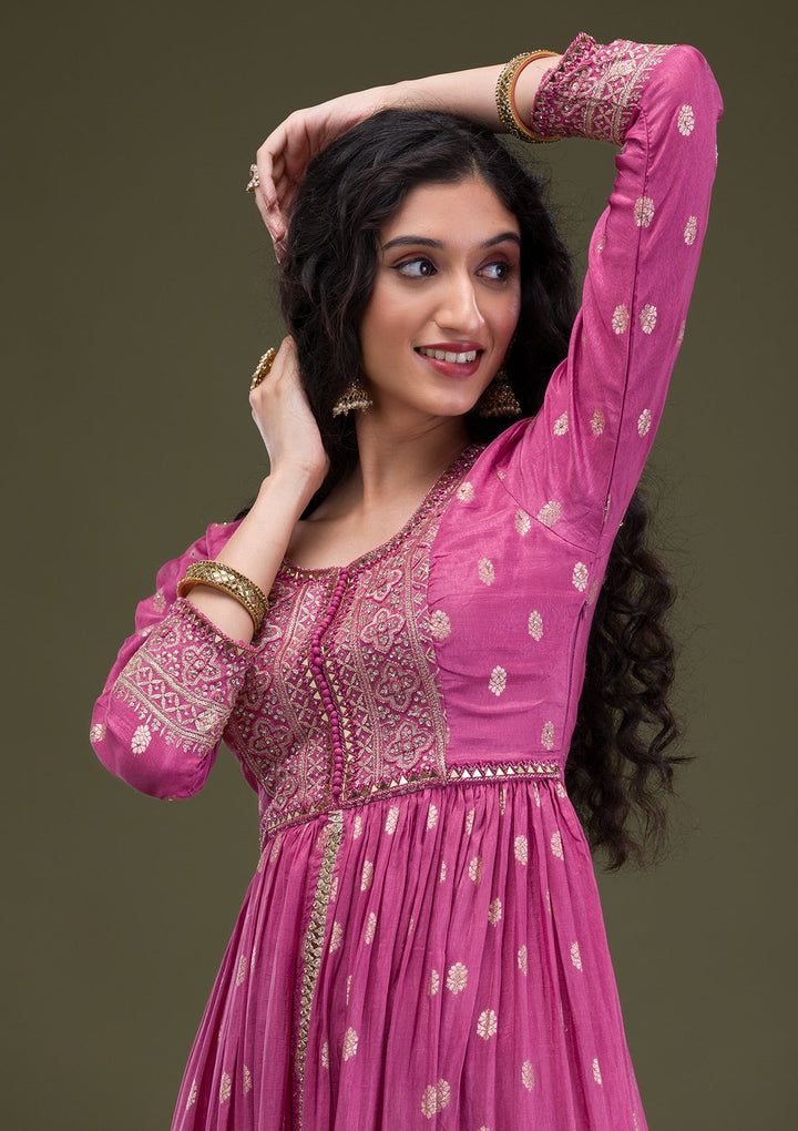 Onion Pink Zariwork Art Silk Readymade Salwar Suit-Koskii