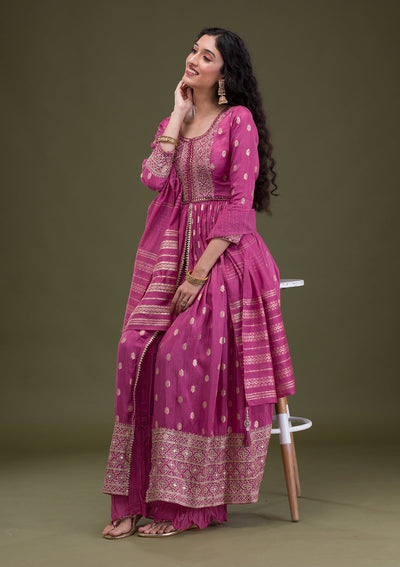 Onion Pink Zariwork Art Silk Readymade Salwar Suit-Koskii