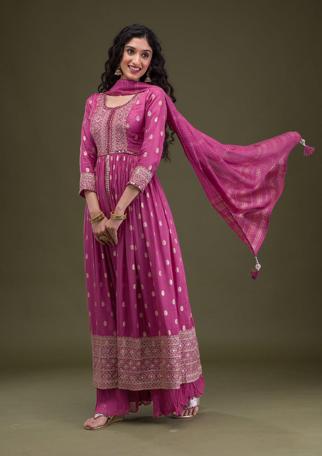 Onion Pink Zariwork Art Silk Readymade Salwar Suit-Koskii