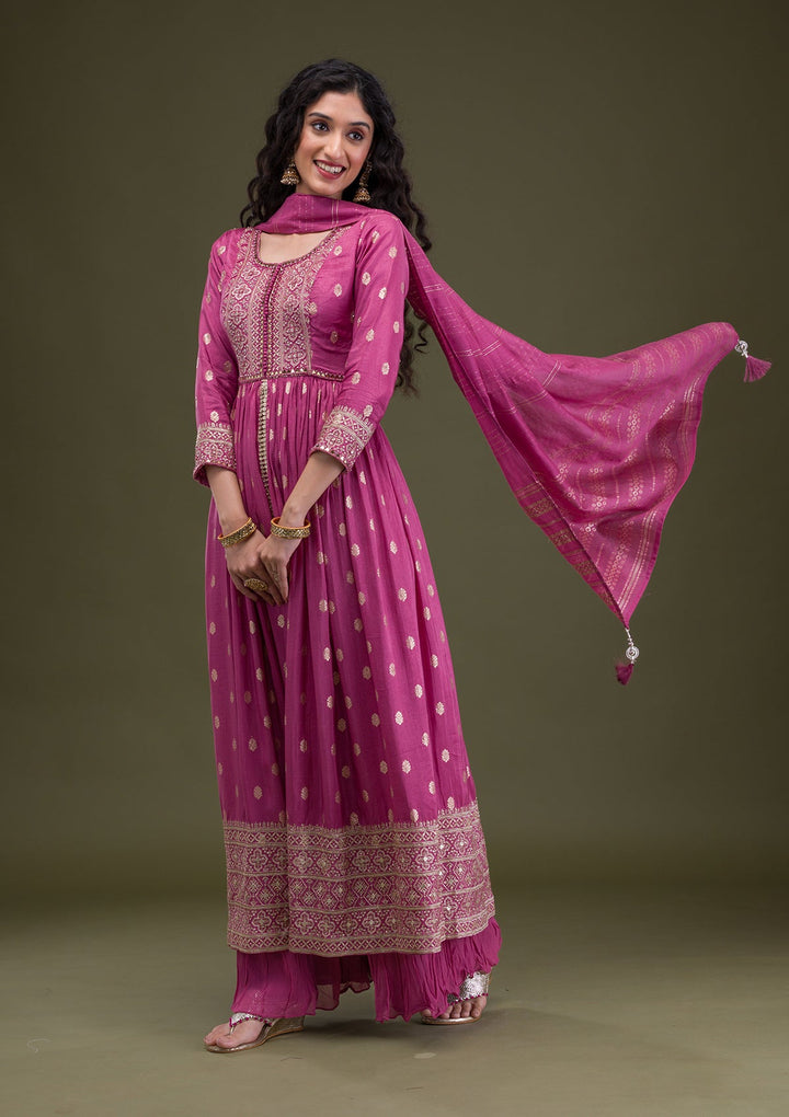 Onion Pink Zariwork Art Silk Readymade Salwar Suit-Koskii
