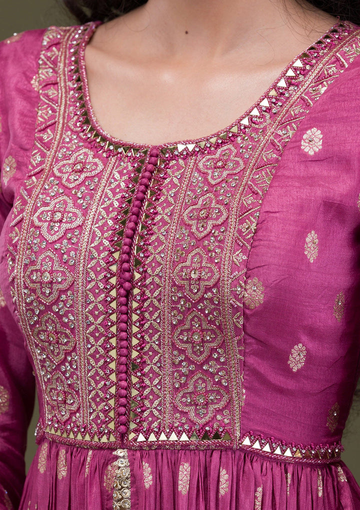 Onion Pink Zariwork Art Silk Readymade Salwar Suit-Koskii