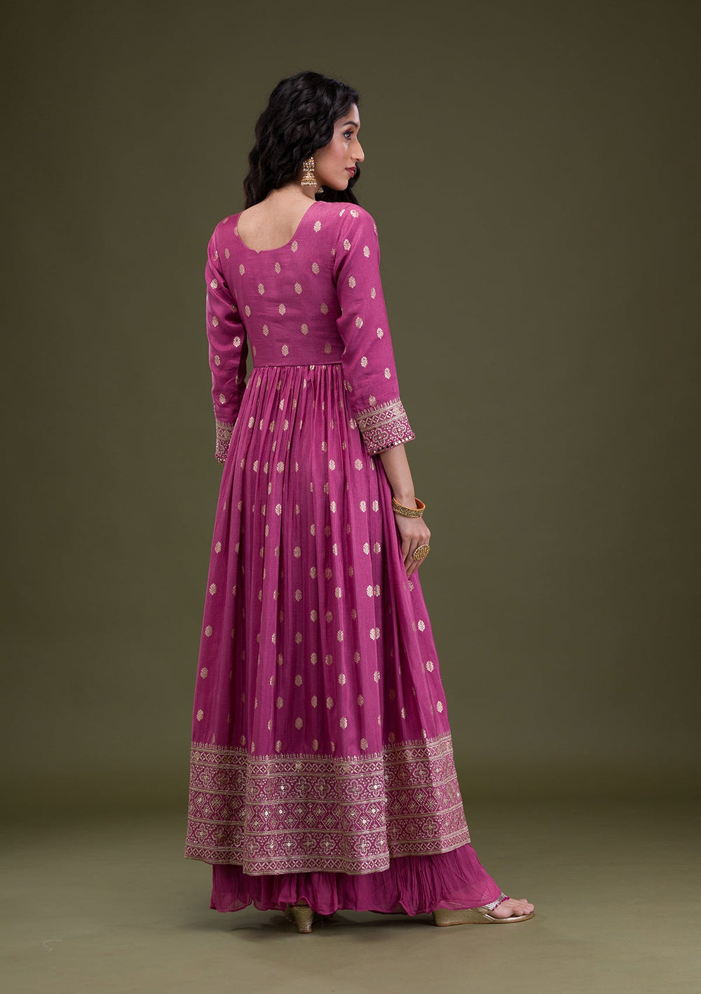 Onion Pink Zariwork Art Silk Readymade Salwar Suit-Koskii