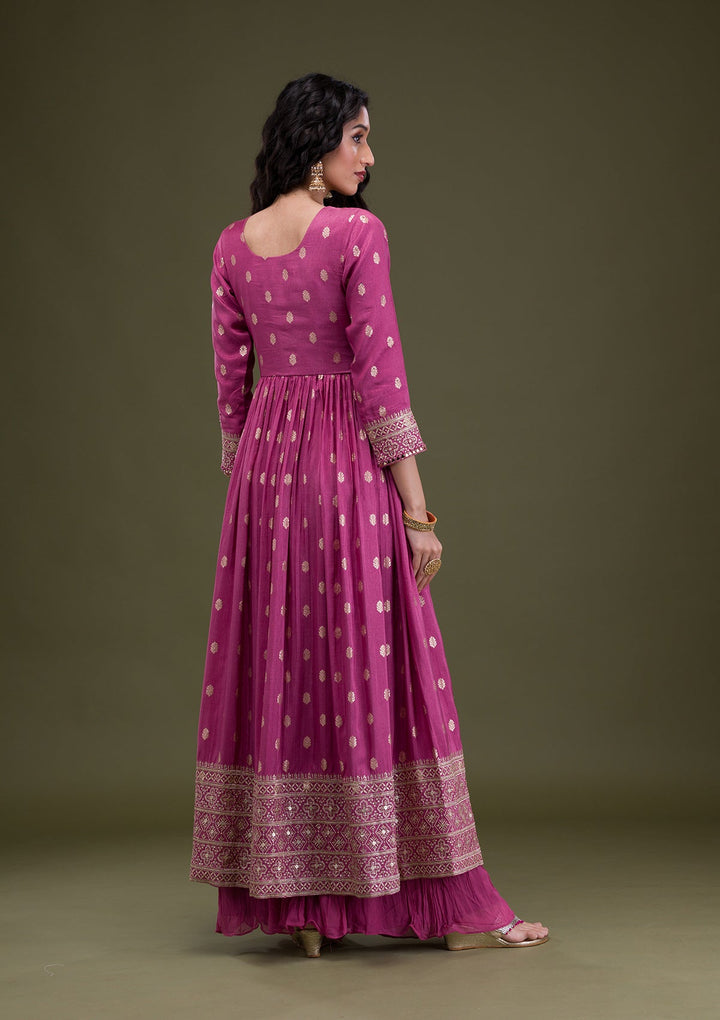 Onion Pink Zariwork Art Silk Readymade Salwar Suit-Koskii