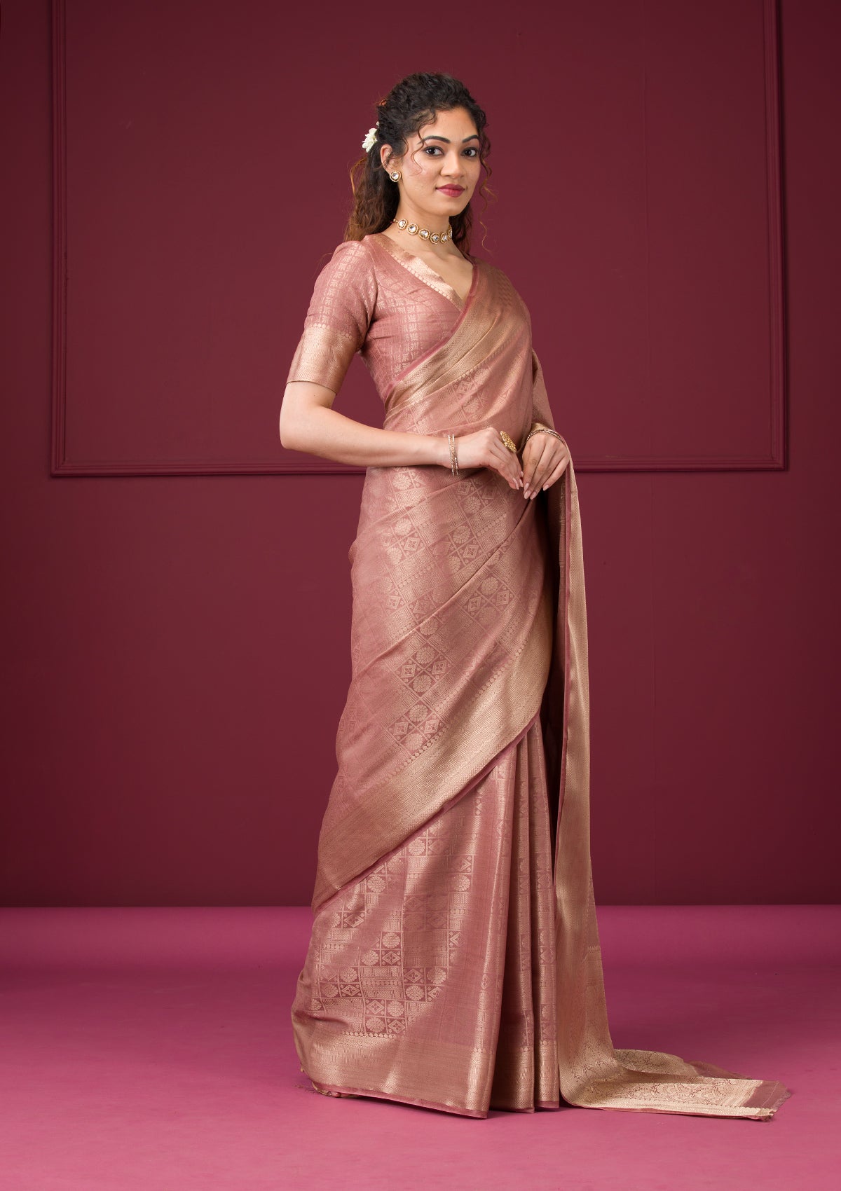 Onion Pink Zariwork Art Silk Saree