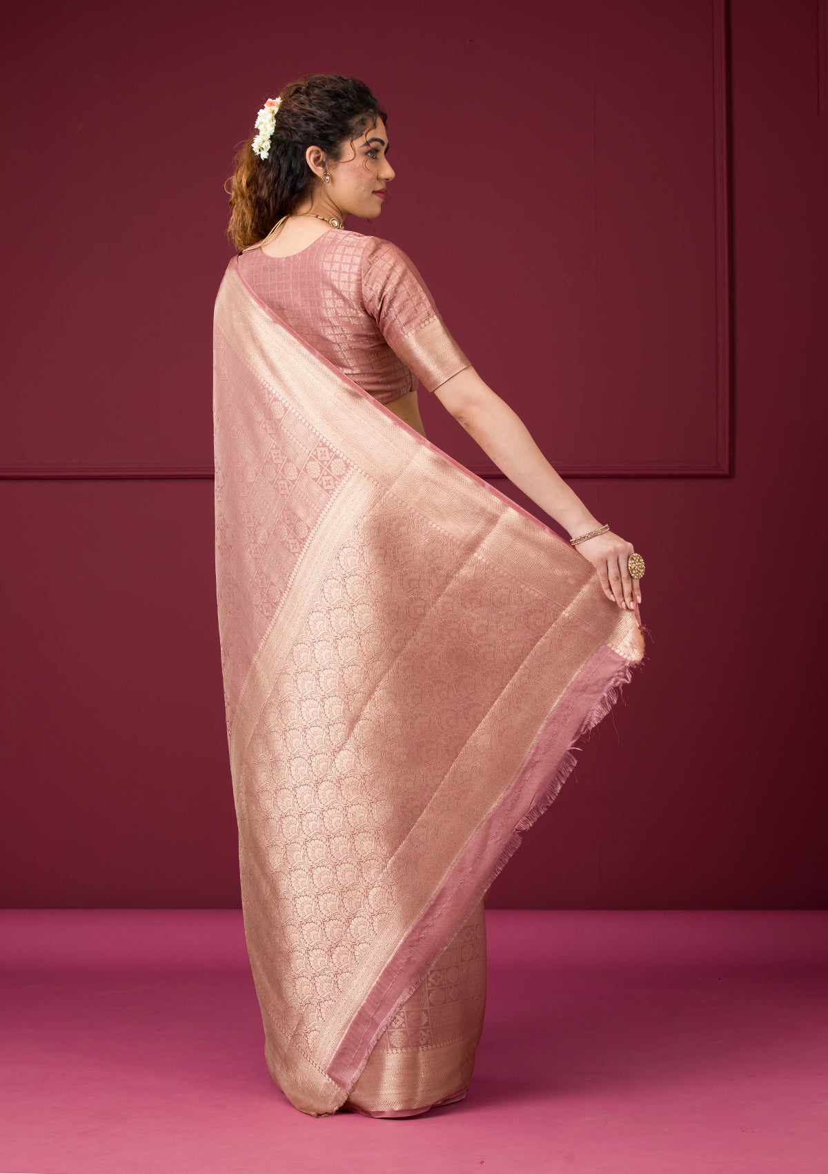 Onion Pink Zariwork Art Silk Saree