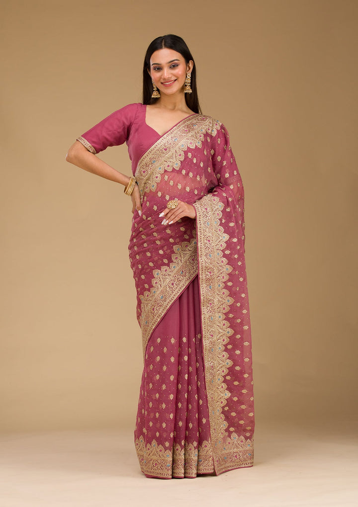 Onion Pink Zariwork Chiffon Saree