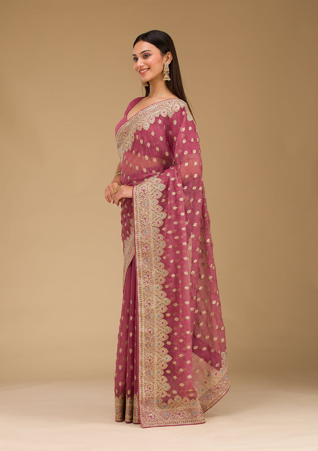 Onion Pink Zariwork Chiffon Saree
