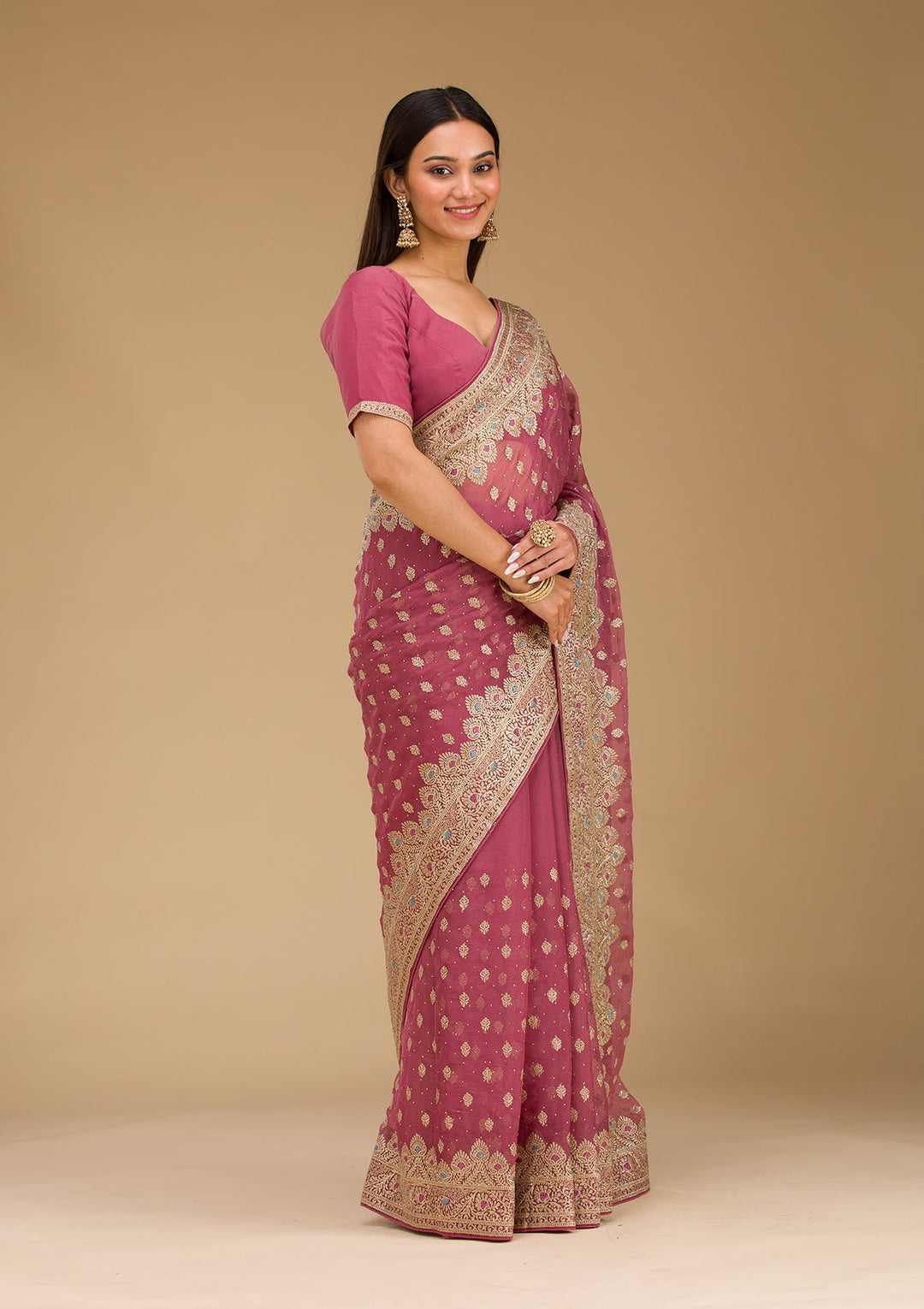 Onion Pink Zariwork Chiffon Saree