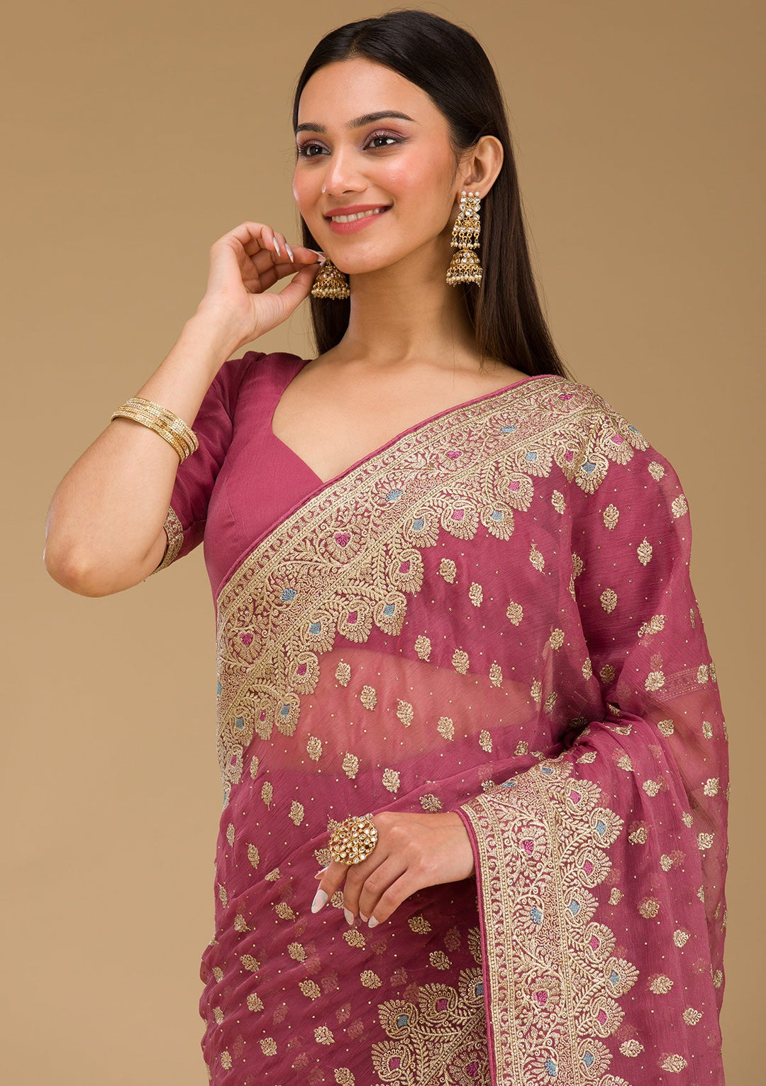 Onion Pink Zariwork Chiffon Saree