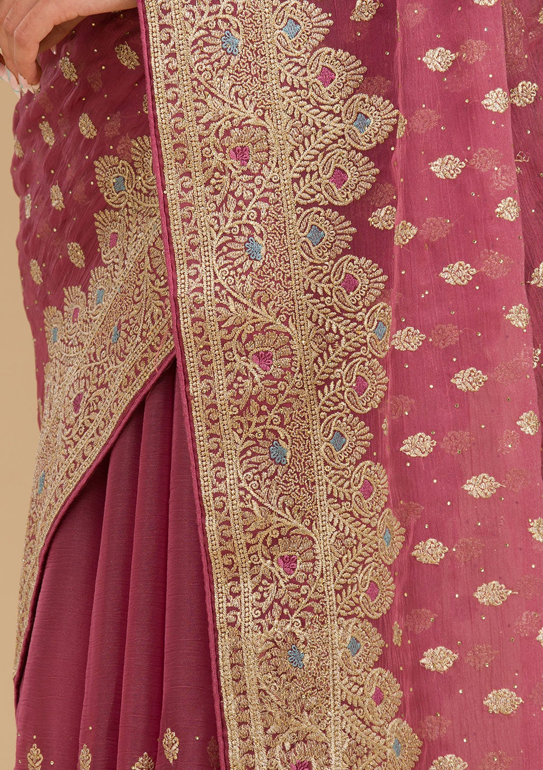 Onion Pink Zariwork Chiffon Saree