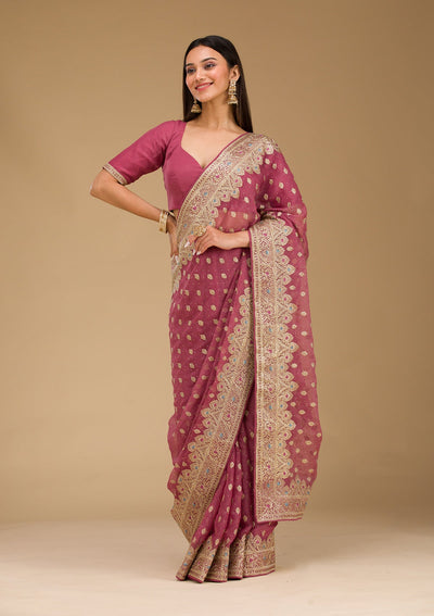 Onion Pink Zariwork Chiffon Saree-Koskii