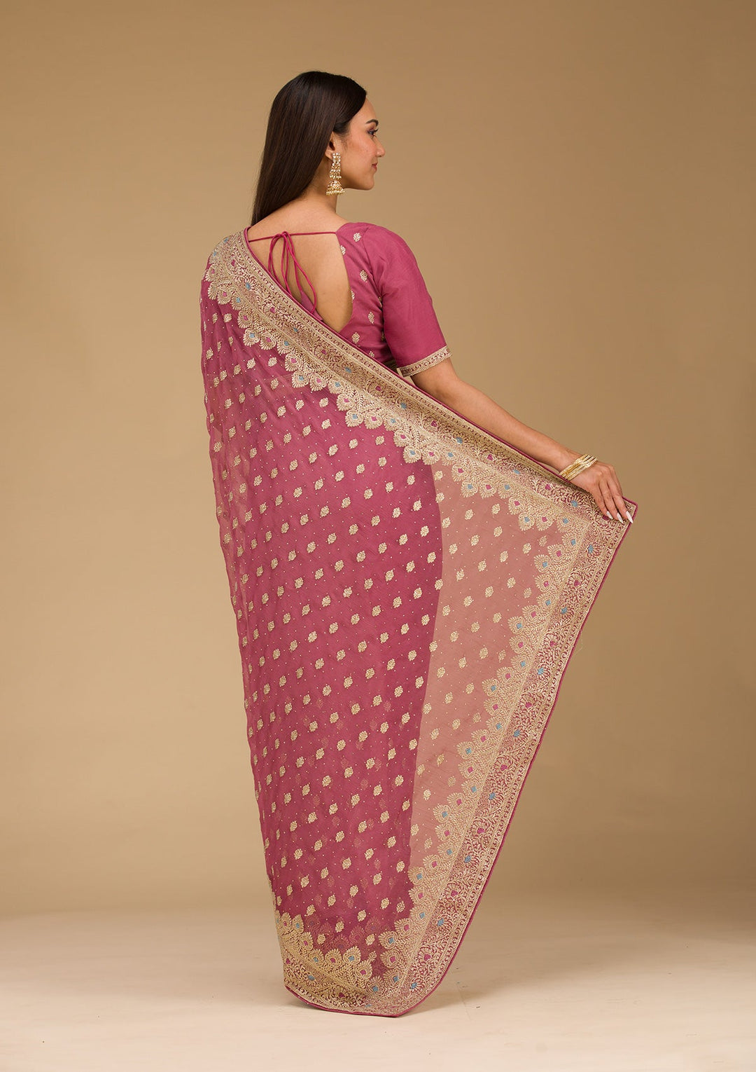 Onion Pink Zariwork Chiffon Saree