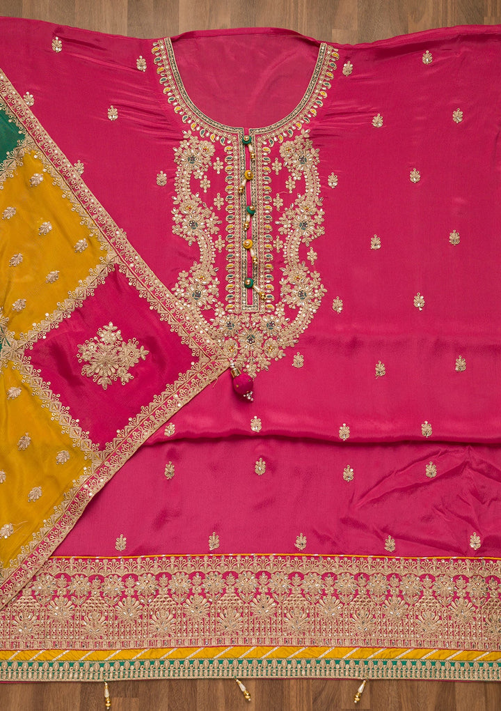 Onion Pink Zariwork Georgette Unstitched Salwar Suit-Koskii