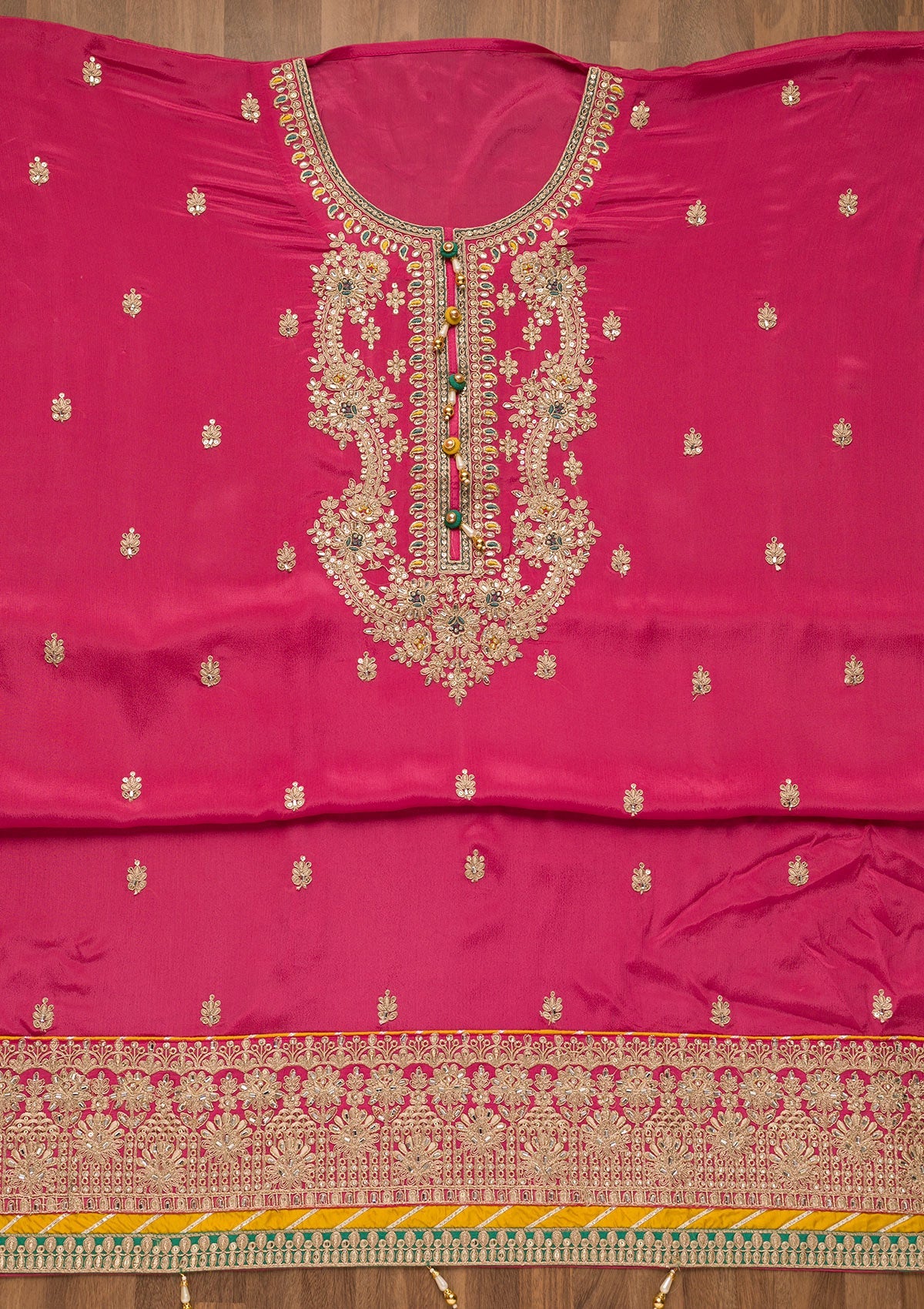 Onion Pink Zariwork Georgette Unstitched Salwar Suit-Koskii