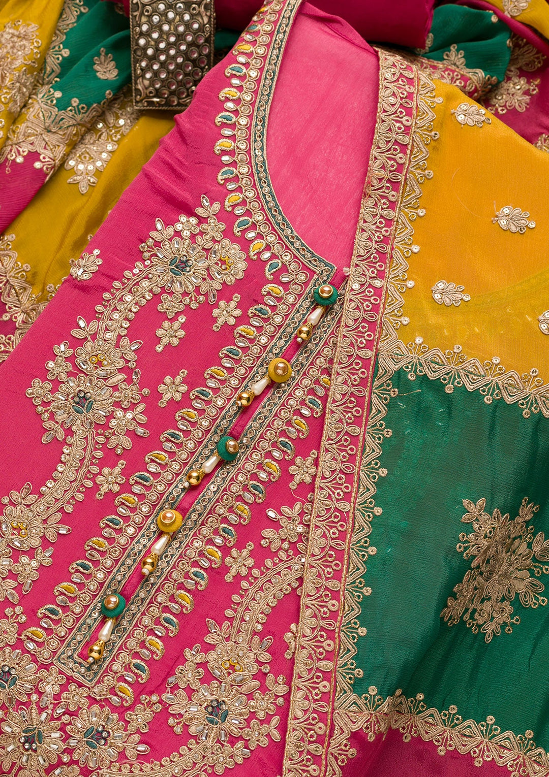 Onion Pink Zariwork Georgette Unstitched Salwar Suit-Koskii