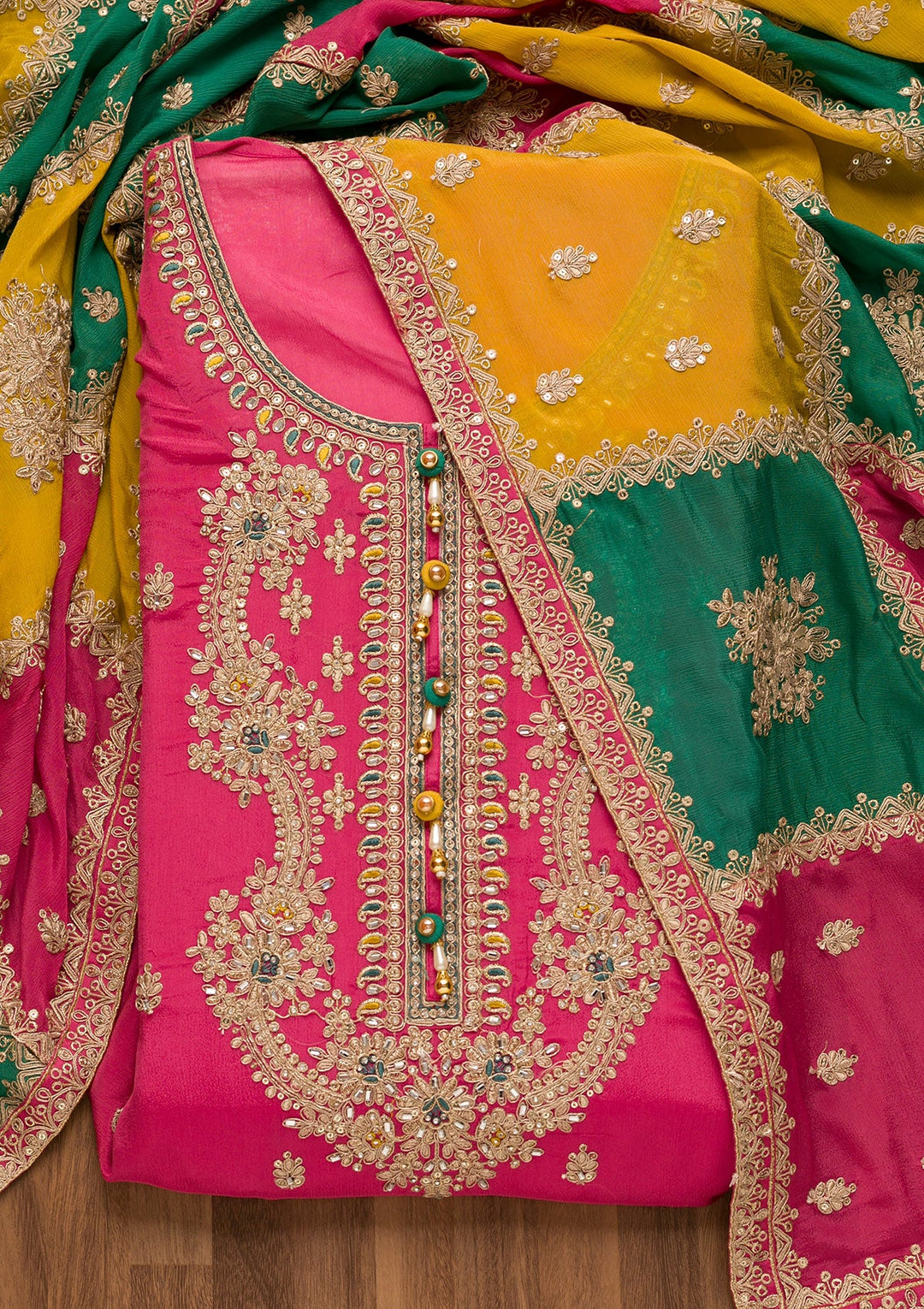 Onion Pink Zariwork Georgette Unstitched Salwar Suit-Koskii